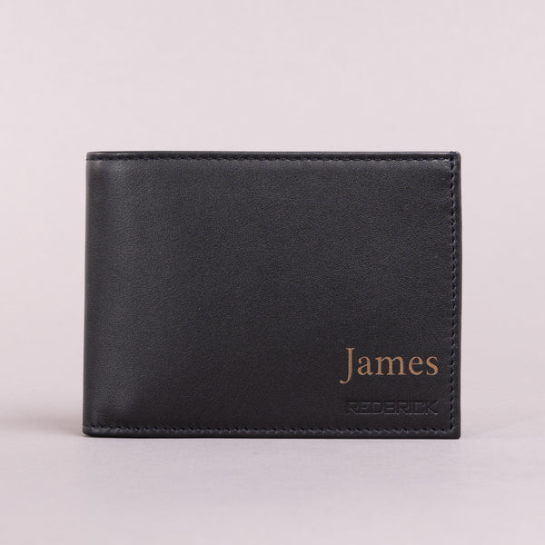 Personalised Engraved Black & Blue Bifold Leather Wallet With Coin Pocket