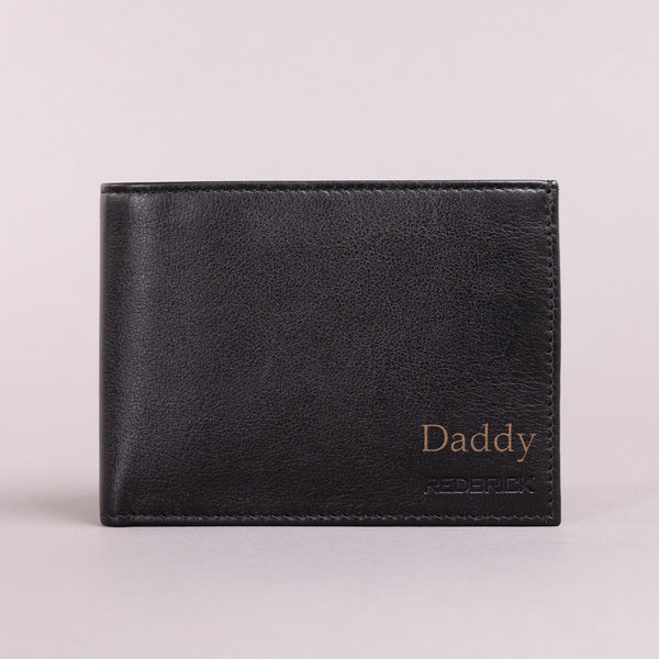 Personalised Engraved Black & Grey Bifold Leather Wallet With Coin Pocket