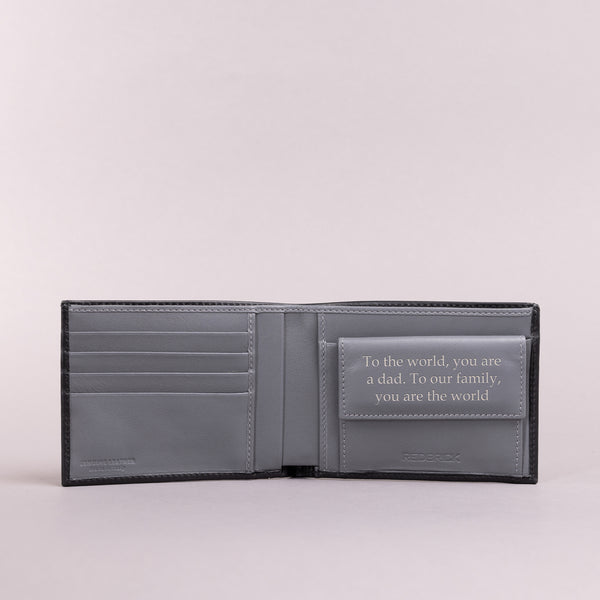 Personalised Engraved Black & Grey Bifold Leather Wallet With Coin Pocket