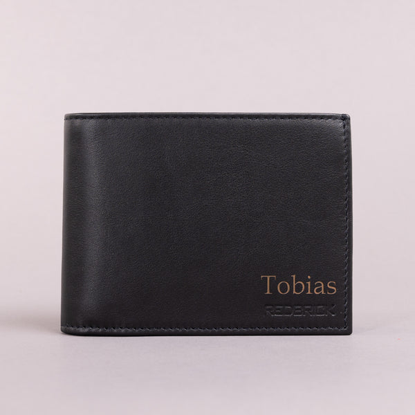 Personalised Engraved Black & Blue Bifold Leather Wallet With Coin Pocket & Card Holders