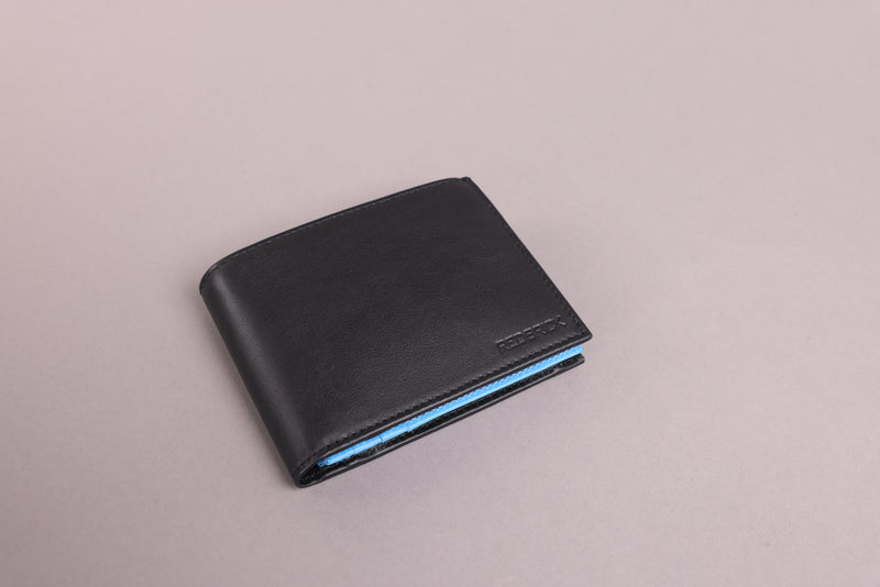 Personalised Engraved Black & Blue Bifold Leather Wallet With Coin Pocket & Card Holders