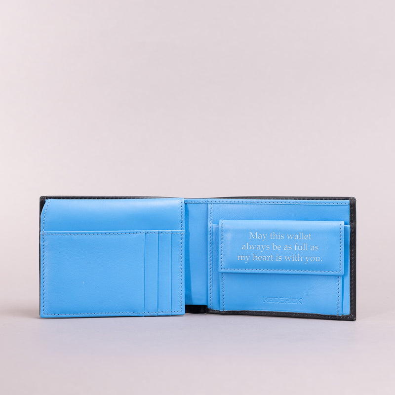 Personalised Engraved Black & Blue Bifold Leather Wallet With Coin Pocket & Card Holders