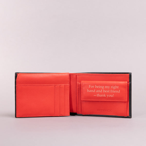 Personalised Engraved Black & Red Bifold Leather Wallet With Coin Pocket & Card Holders