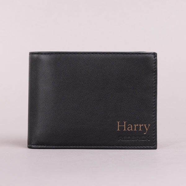 Personalised Engraved Black & Red Bifold Leather Wallet With Coin Pocket & Card Holders