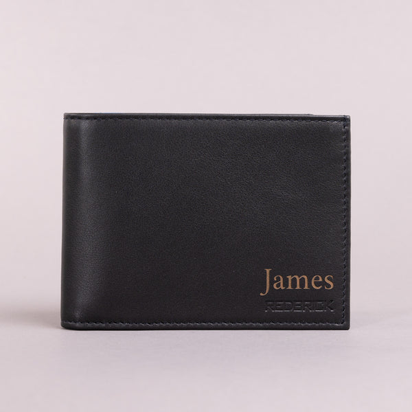 Personalised Engraved Black & Blue Bifold Leather Wallet With Credit Card Holder