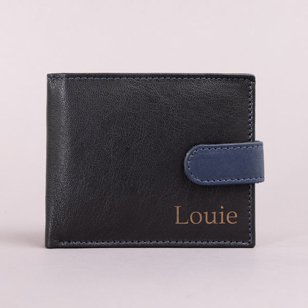 Personalised Engraved Black & Blue Bifold Leather Wallet With Coin Pocket