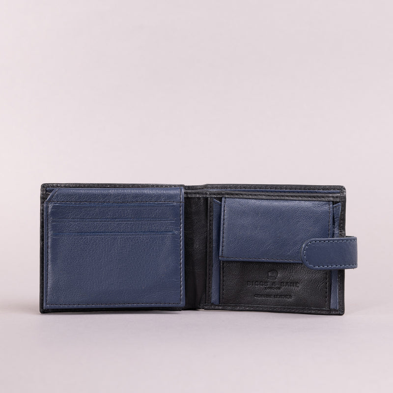 Personalised Engraved Black & Blue Bifold Leather Wallet With Coin Pocket