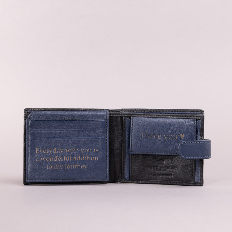 Personalised Engraved Black & Blue Bifold Leather Wallet With Coin Pocket