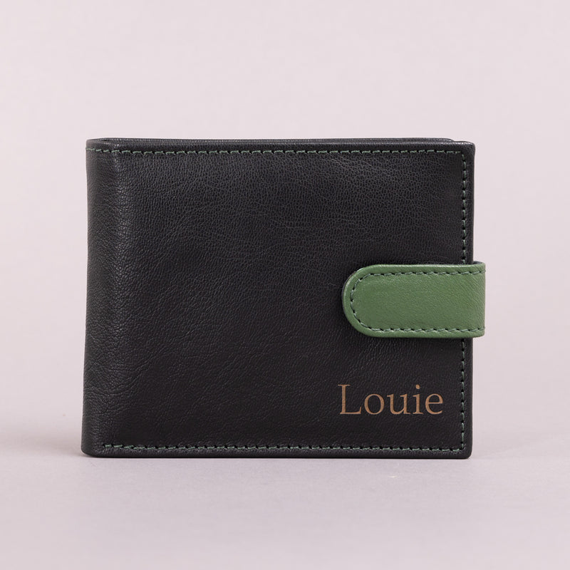 Personalised Engraved Black & Green Bifold Leather Wallet With Coin Pocket