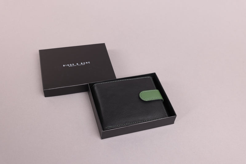 Personalised Engraved Black & Green Bifold Leather Wallet With Coin Pocket