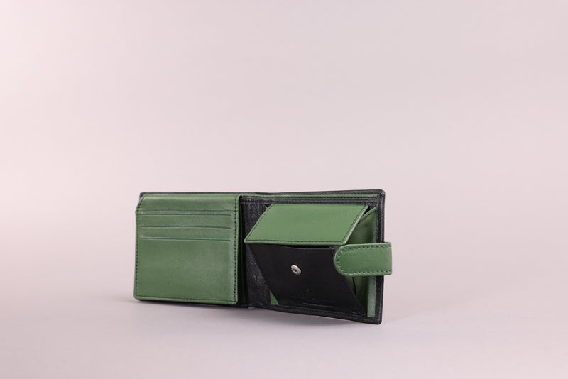 Personalised Engraved Black & Green Bifold Leather Wallet With Coin Pocket