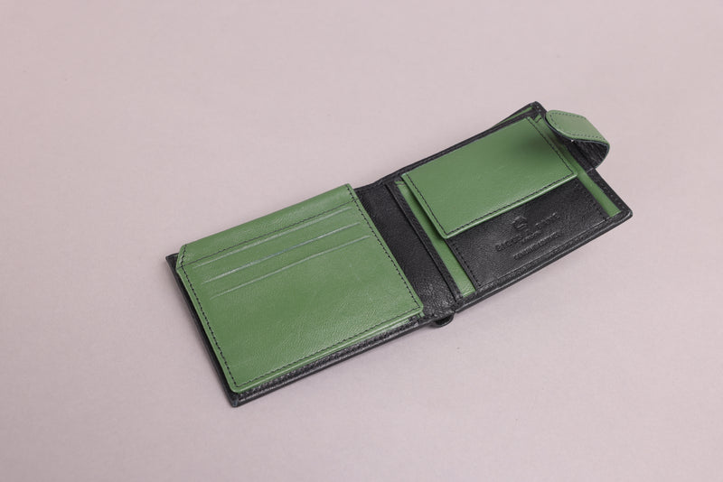 Personalised Engraved Black & Green Bifold Leather Wallet With Coin Pocket