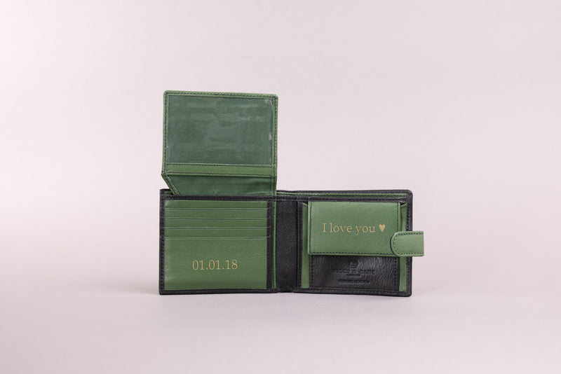 Personalised Engraved Black & Green Bifold Leather Wallet With Coin Pocket