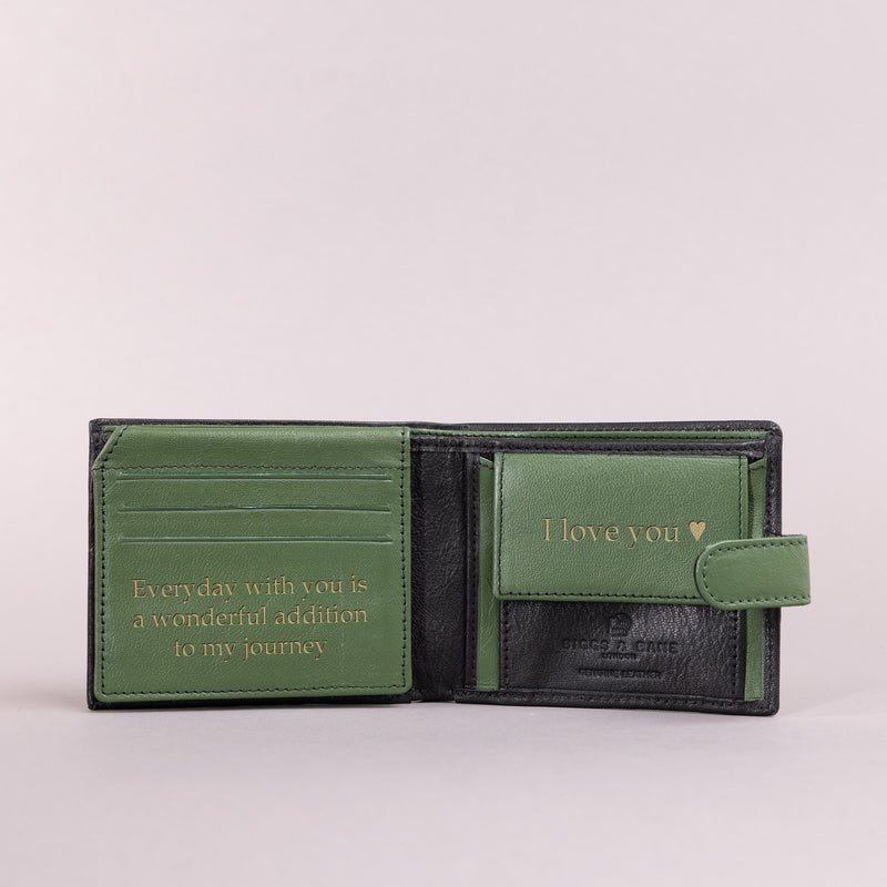 Personalised Engraved Black & Green Bifold Leather Wallet With Coin Pocket