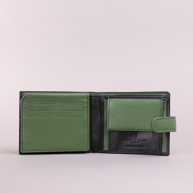 Personalised Engraved Black & Green Bifold Leather Wallet With Coin Pocket