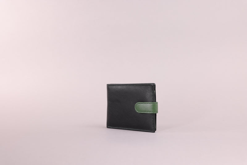 Personalised Engraved Black & Green Bifold Leather Wallet With Coin Pocket