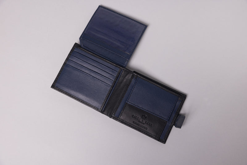 Personalised Engraved Black & Blue Bifold Leather Wallet With Coin Pocket