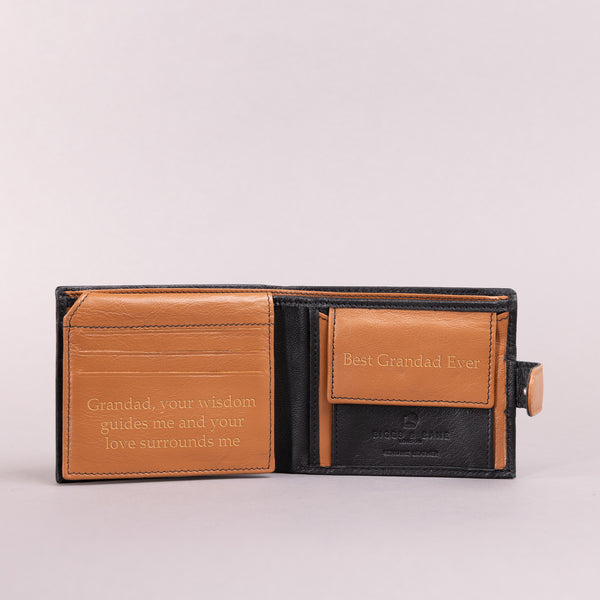 Personalised Engraved Black & Tan Bifold Leather Wallet With Coin Pocket