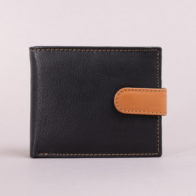Personalised Engraved Black & Tan Bifold Leather Wallet With Coin Pocket