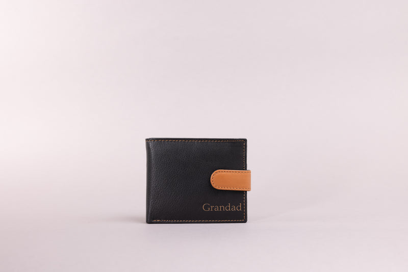 Personalised Engraved Black & Tan Bifold Leather Wallet With Coin Pocket