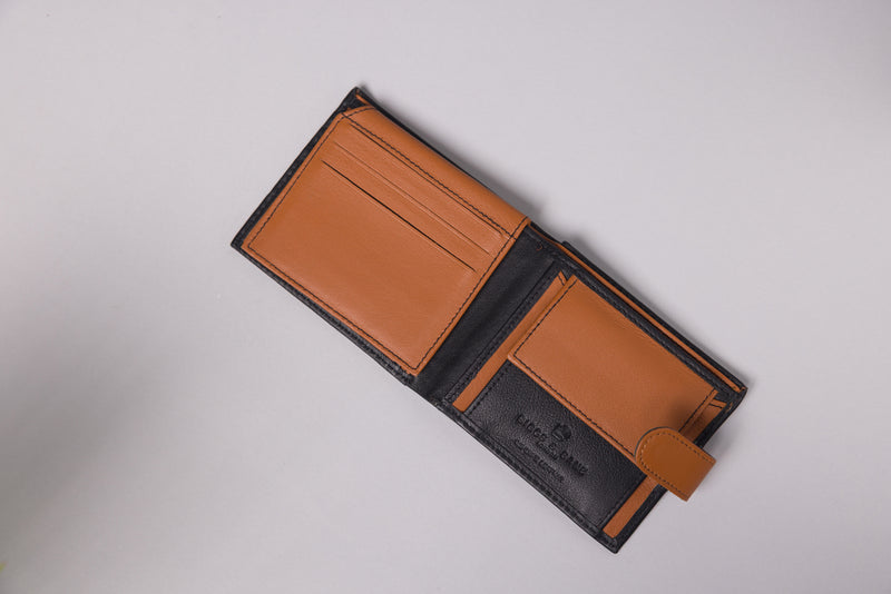 Personalised Engraved Black & Tan Bifold Leather Wallet With Coin Pocket