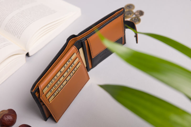Personalised Engraved Black & Tan Bifold Leather Wallet With Coin Pocket
