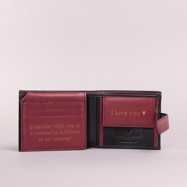 Personalised Engraved Black & Red Bifold Leather Wallet With Coin Pocket