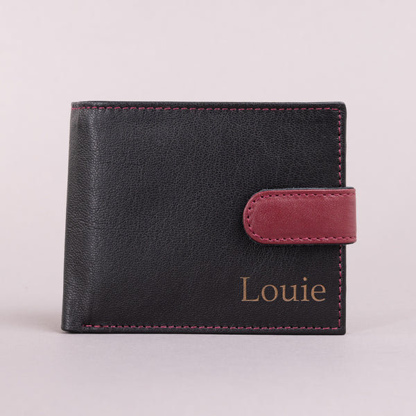 Personalised Engraved Black & Red Bifold Leather Wallet With Coin Pocket