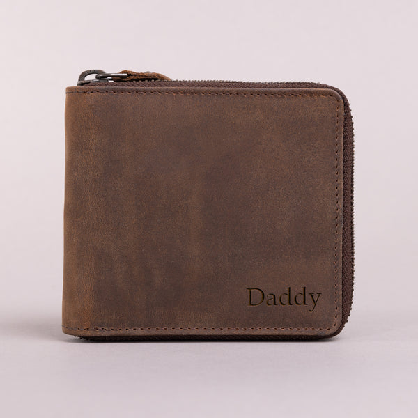 Personalised Engraved Rustic Brown Bifold Leather Zip Around Wallet