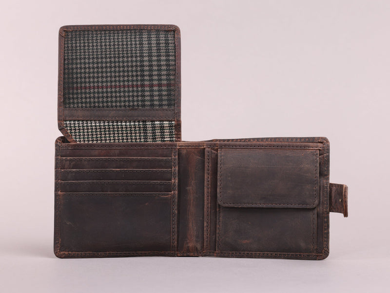 Personalised Engraved Rustic Brown Bifold Leather Wallet With Tab Coin Pocket