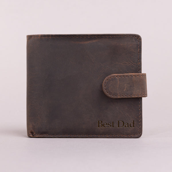 Personalised Engraved Rustic Brown Bifold Leather Wallet With Tab Coin Pocket