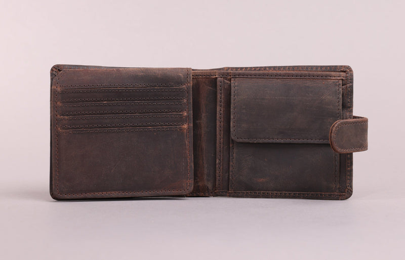 Personalised Engraved Rustic Brown Bifold Leather Wallet With Tab Coin Pocket