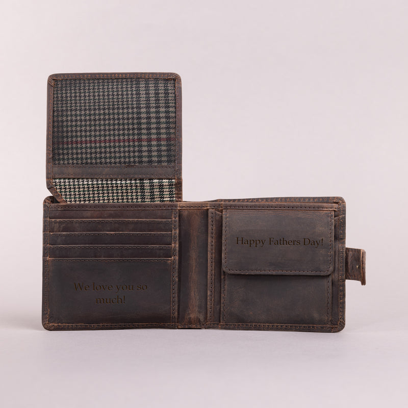 Personalised Engraved Rustic Brown Bifold Leather Wallet With Tab Coin Pocket