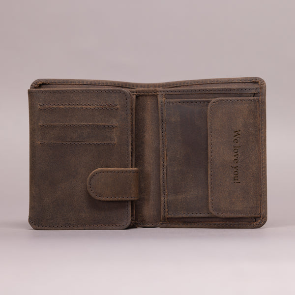 Personalised Engraved Rustic Brown Trifold Leather Wallet