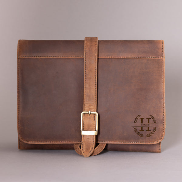 Personalised Engraved Brown Leather Hanging Wash Bag