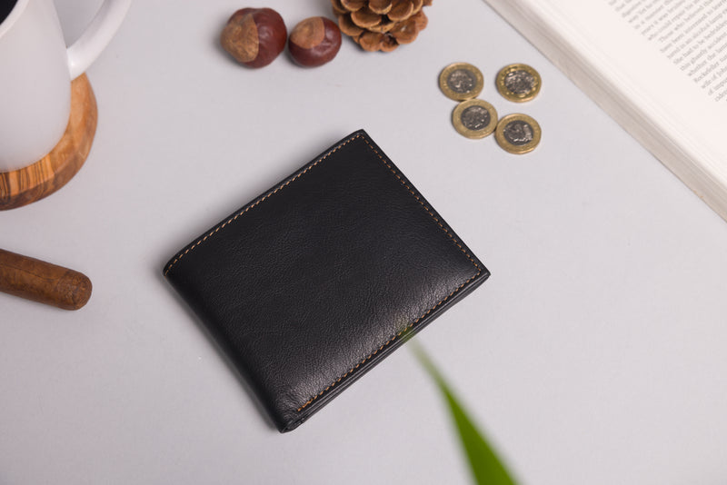Personalised Engraved Black & Tan Bifold Leather Wallet With Zip Coin Pocket