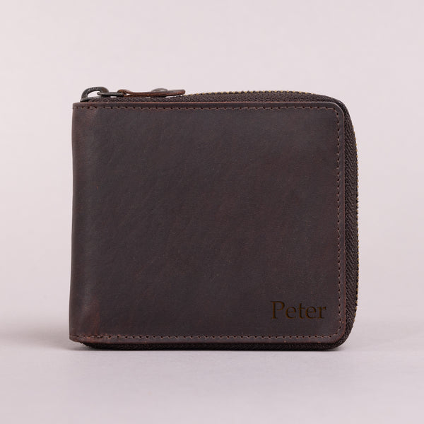 Personalised Engraved Brown Bifold Leather Zip Around Wallet