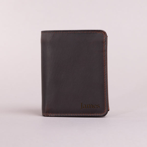 Personalised Engraved Brown Trifold Leather Wallet