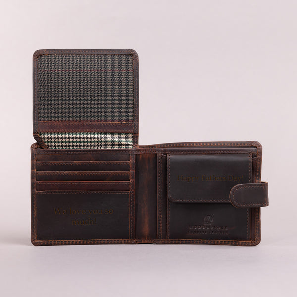Personalised Engraved Brown Bifold Leather Wallet With Coin Pocket