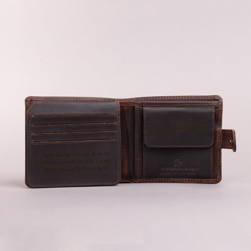 Personalised Engraved Brown Bifold Leather Wallet With Coin Pocket