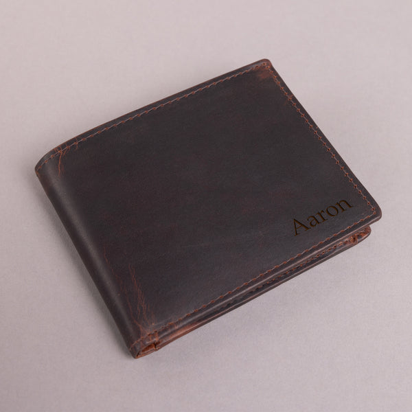 Personalised Engraved Brown Bifold Leather Wallet With Zip Coin Pocket