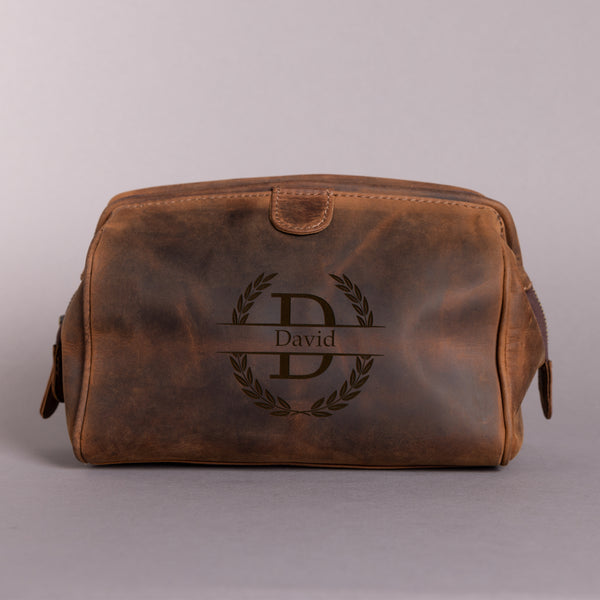 Personalised Engraved Brown Leather Wash Bag
