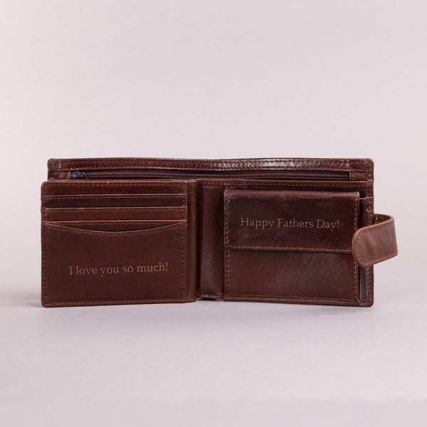 Personalised Engraved Dark Brown Bifold Leather Wallet With Coin Pocket & Credit Card Slots