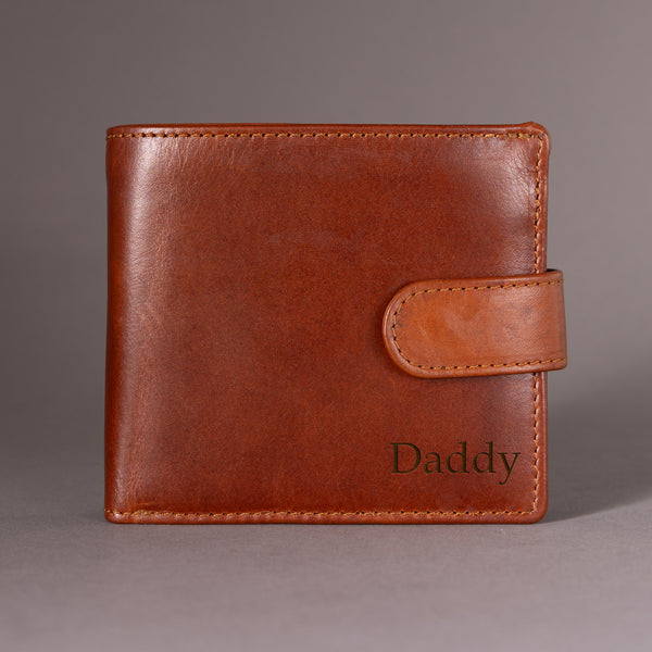 Personalised Engraved Cognac Bifold Leather Wallet With Coin Pocket & Credit Card Slots