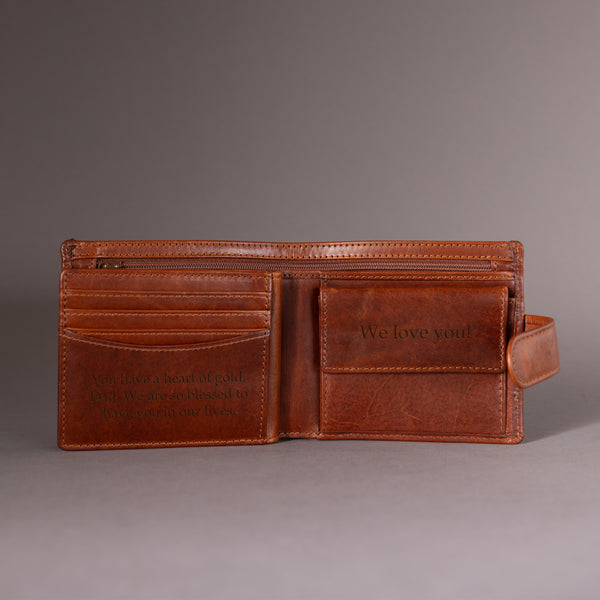 Personalised Engraved Cognac Bifold Leather Wallet With Coin Pocket & Credit Card Slots