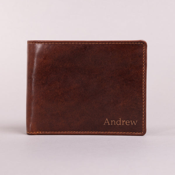 Personalised Engraved Bifold Cognac Leather Wallet With Zip Coin Pocket