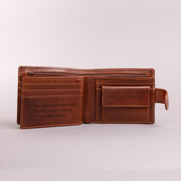 Personalised Engraved Cognac Bifold Leather Wallet With Coin Pocket