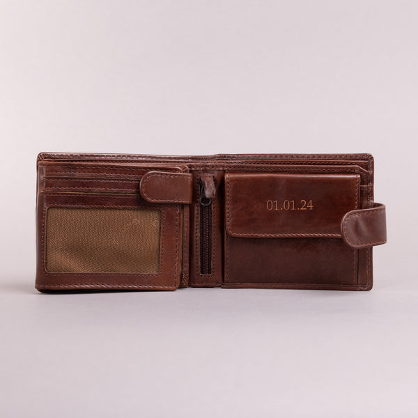 Personalised Engraved Dark Brown Bifold Leather Wallet With Coin Pocket & Credit Card Slots