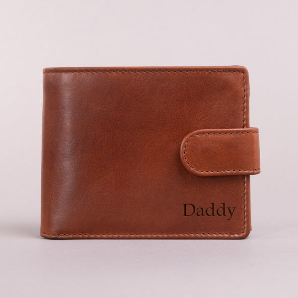 Personalised Engraved Cognac Bifold Leather Wallet With Coin Pocket & Credit Card Slots