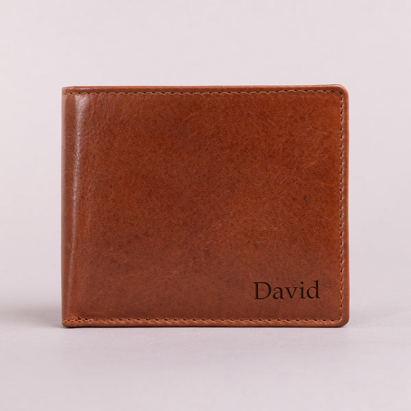 Personalised Engraved Cognac Bifold Leather Wallet